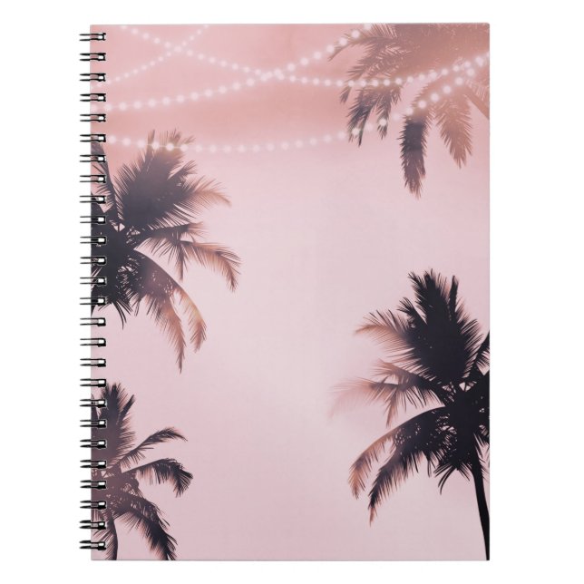 Tropical Palm Trees & Lights Pink Beachy Beach Notebook (Front)