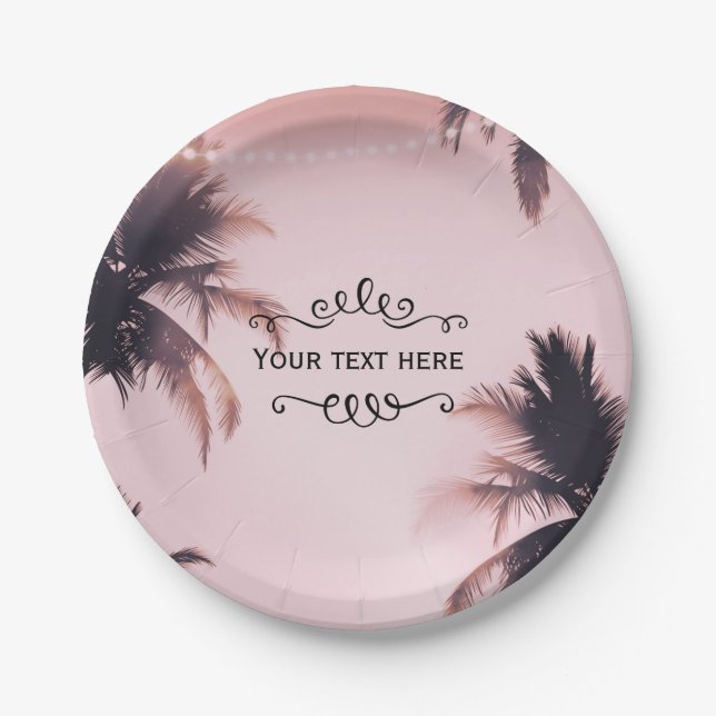 Tropical Palm Trees & Lights Pink Beachy Beach Paper Plate (Front)