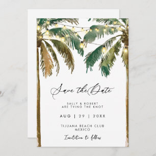 tropical palm trees lights save the date card