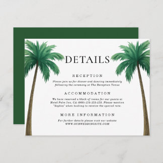 Tropical Palm Trees Minimal Beach Wedding Details Enclosure Card