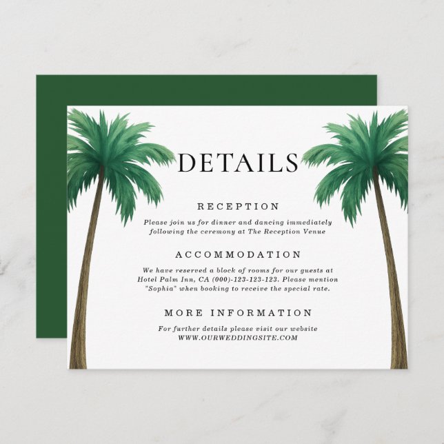 Tropical Palm Trees Minimal Beach Wedding Details Enclosure Card (Front/Back)