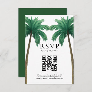 Tropical Palm Trees Minimal Beach Wedding QR Code RSVP Card