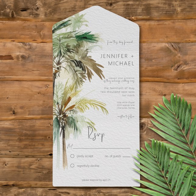 Tropical Palm Trees Modern No Dinner All In One Invitation (Tropical Palm Trees Modern All in One Wedding Invitation without Dinner Options)