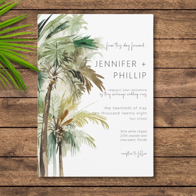 Tropical Palm Trees Modern No Texture Wedding Invitation (Creator Uploaded)