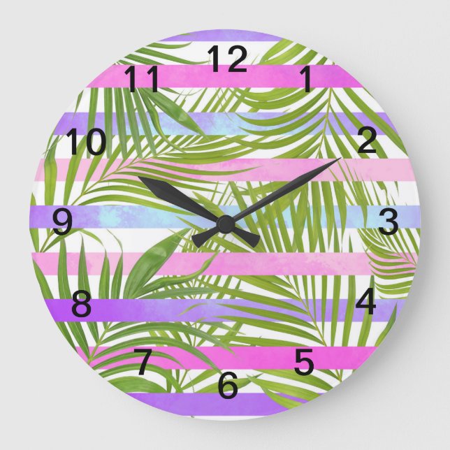 Tropical palm trees modern pink violet stripes large clock (Front)