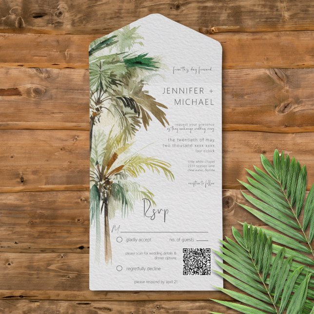 Tropical Palm Trees Modern QR Code All In One Invitation (Tropical Palm Trees Modern All in One Wedding Invitation with QR Code)