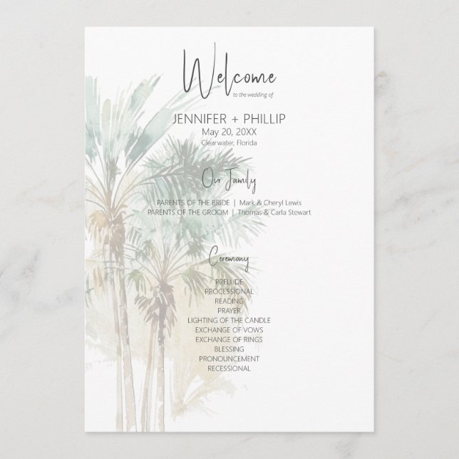 Tropical Palm Trees Modern Wedding Program (Front)