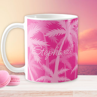Tropical Palm Trees Monogrammed Hot Pink Coffee Mug