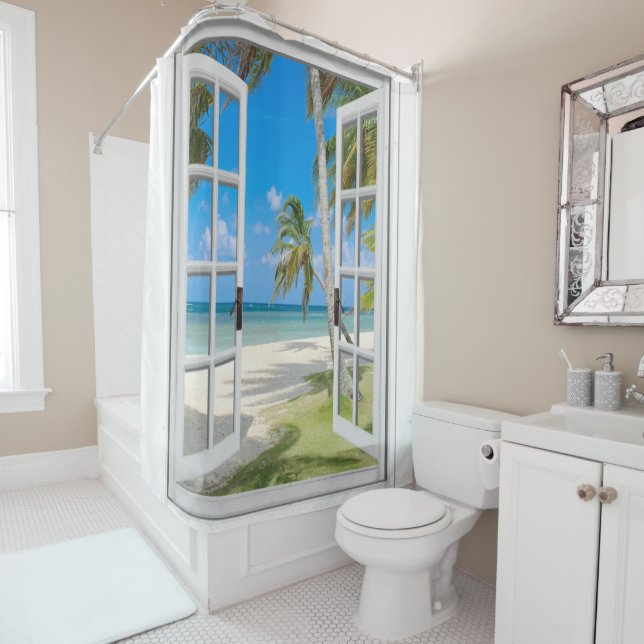 Tropical Palm Trees Ocean Beach Shower Curtain (In Situ)