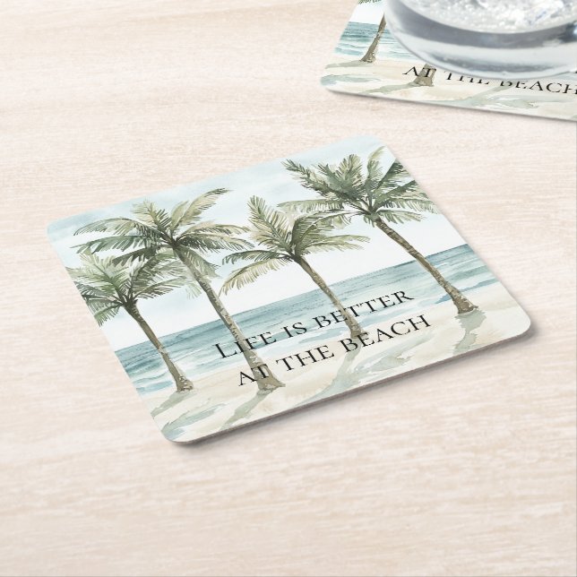 Tropical Palm Trees Ocean Beach  Square Paper Coaster (Angled)