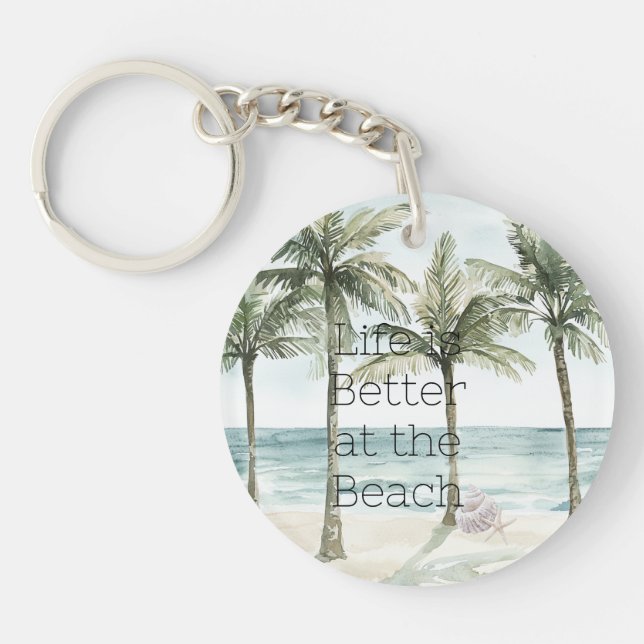 Tropical Palm Trees Ocean Beach Wedding Keychain (Front)
