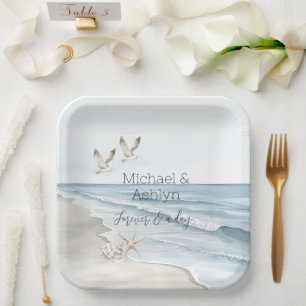 Tropical Palm Trees Ocean Beach Wedding Paper Plate