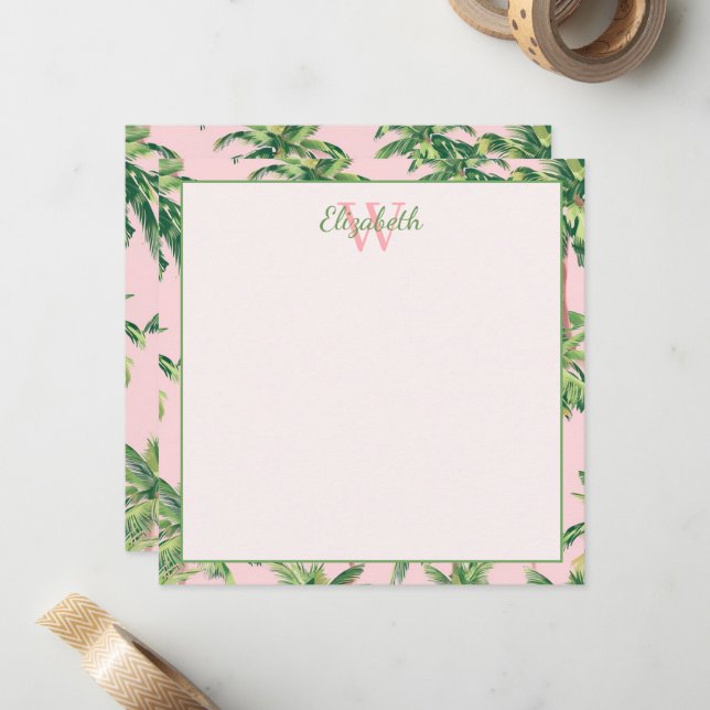 Tropical Palm Trees on Pink Monogram Card (Front/Back In Situ)
