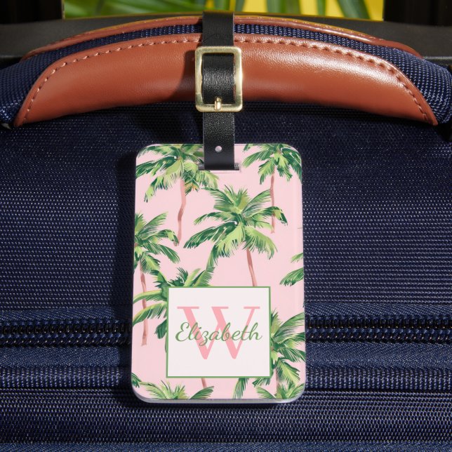 Tropical Palm Trees on Pink Monogram Luggage Tag (Front Insitu 2)