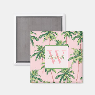 Tropical Palm Trees on Pink Monogram Magnet