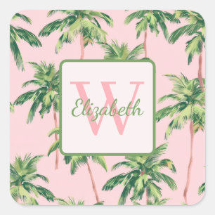 Tropical Palm Trees on Pink Personalized Square Sticker