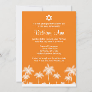 Tropical Palm Trees Orange Bat Mitzvah Invitations