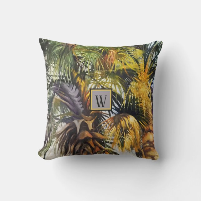 Tropical Palm Trees Original Painting to Monogram Throw Pillow (Front)