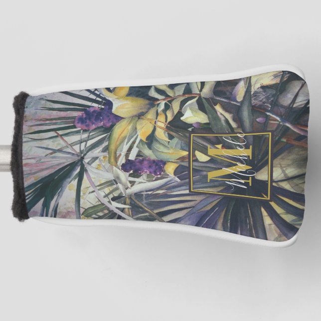 Tropical Palm Trees Painting with Monogram Golf Head Cover (Front)