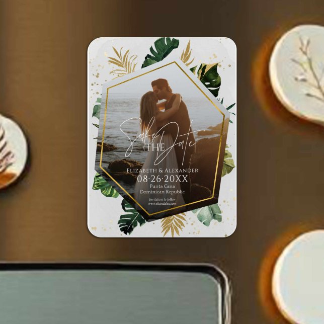 Tropical Palm Trees Photo Gilded Save The Date Magnet (Creator Uploaded)
