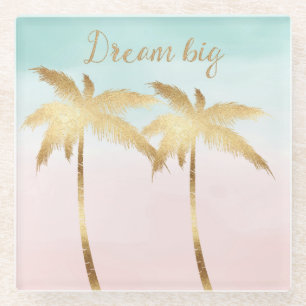 Tropical Palm Trees Pink Mint Ombre gold dream big Glass Coaster