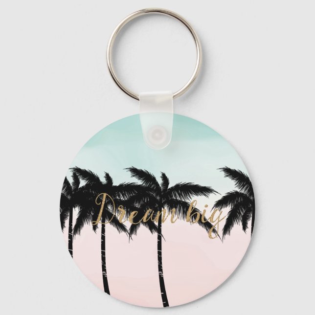 Tropical Palm Trees Pink Mint Ombre gold dream big Keychain (Front)