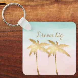 Tropical Palm Trees Pink Mint Ombre gold dream big Keychain