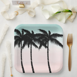 Tropical Palm Trees Pink Mint Paper Plate