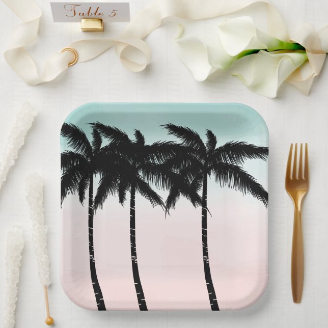 Tropical Palm Trees Pink Mint  Paper Plate (Wedding)