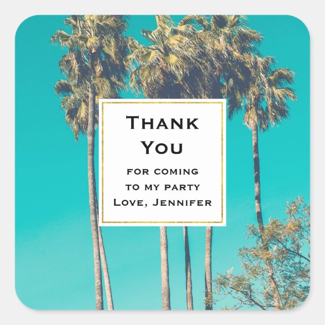 Tropical Palm Trees Retro Party Thank You Square Sticker (Front)