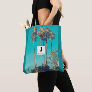 Tropical Palm Trees Retro Vibe Monogram Tote Bag