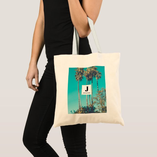 Tropical Palm Trees Retro Vibe Monogram Tote Bag (Front (Product))