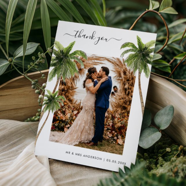 Tropical Palm Trees Sand Beach Destination Wedding Thank You Card (Creator Uploaded)