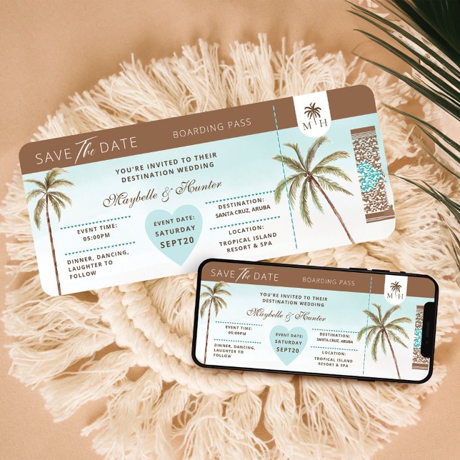 Tropical Palm Trees Save The Date Boarding Pass Invitation (Tropical Palm Trees Save The Date Boarding Pass Invitation)