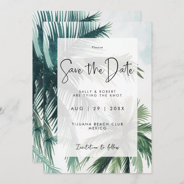 tropical palm trees save the date card (Front/Back)
