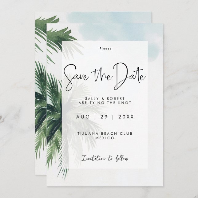 tropical palm trees save the date card (Front/Back)