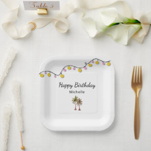 Tropical Palm Trees String Lights Birthday Party Paper Plate