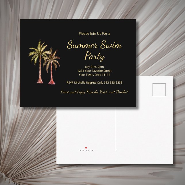 Tropical Palm Trees Summer Pool Party Gold Black Invitation Postcard (Creator Uploaded)