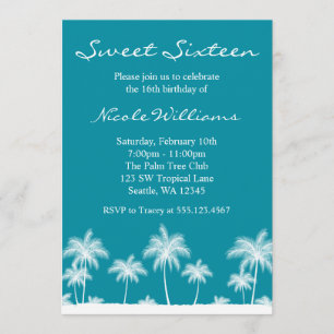 Tropical Palm Trees Teal Blue Sweet 16 Invitation