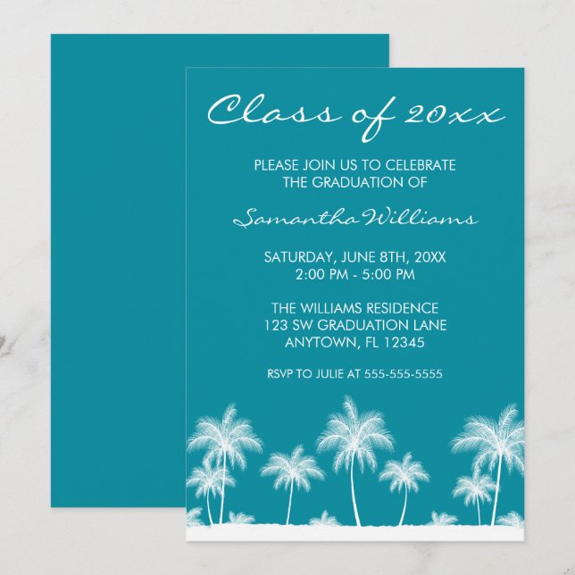 Tropical Palm Trees Teal Graduation Announcement (Front/Back)