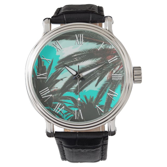 Tropical Palm Trees Teal Sky | Men's Watch (Front)