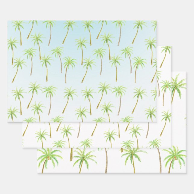 Tropical Palm Trees Watercolor blue ombre Wrapping Paper Sheet (Set)