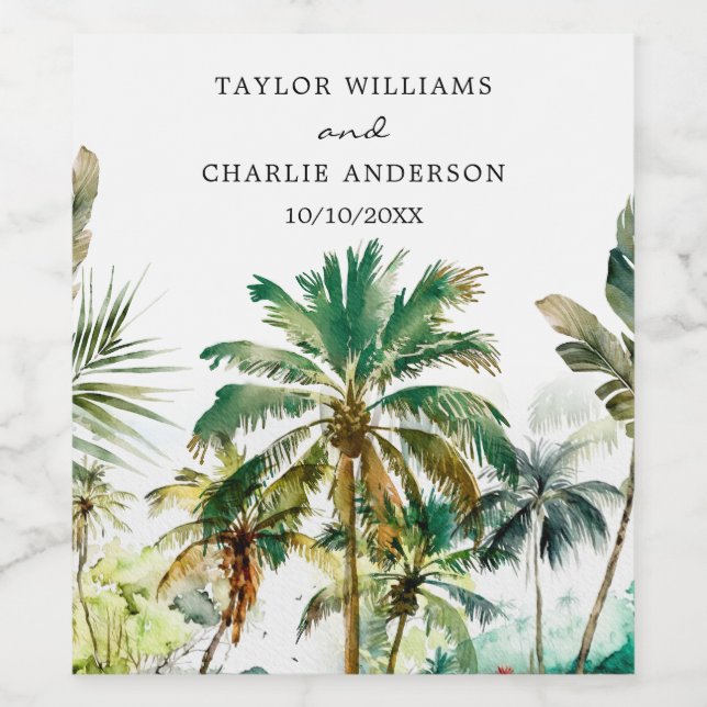 Tropical Palm Trees Wedding Wine Label (Single Label)