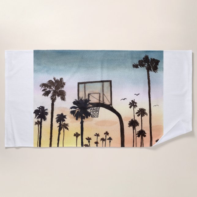 Tropical Palm Trees with Basketball Hoop Beach Towel (Front)