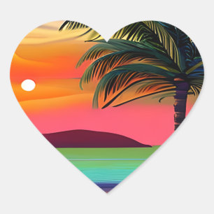Tropical Palm Tres and Sunset Themed   Heart Sticker