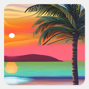 Tropical Palm Tres and Sunset Themed Square Sticker