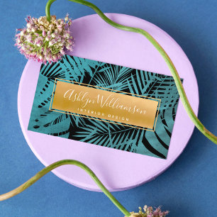 Tropical palm turquoise blue gold script modern business card