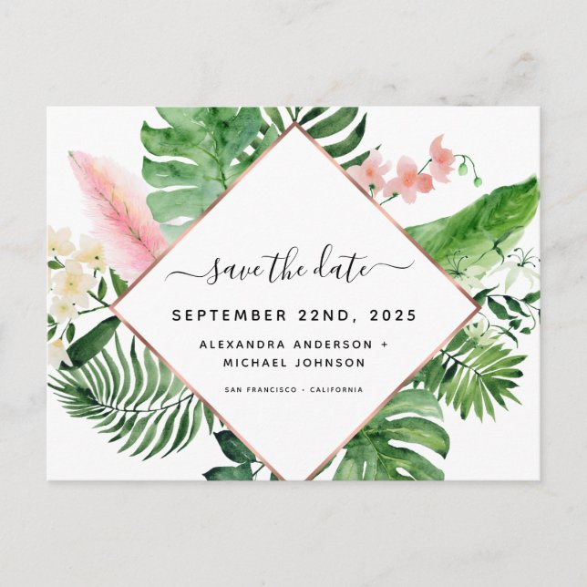 Tropical Palm Watercolor Geometric Save the Date Announcement Postcard (Front)