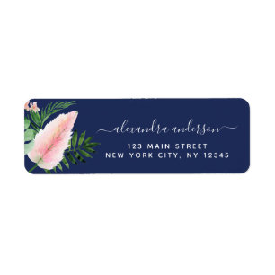 Tropical Palm Watercolor Navy Blue Return Address