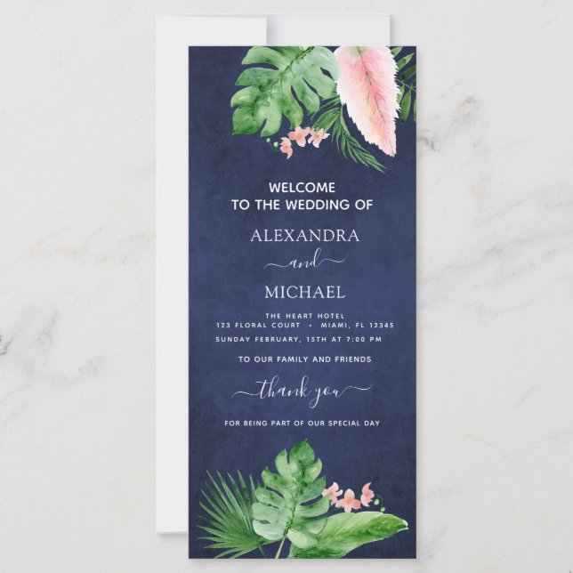 Tropical Palm Watercolor Navy Blue Wedding Program (Front)